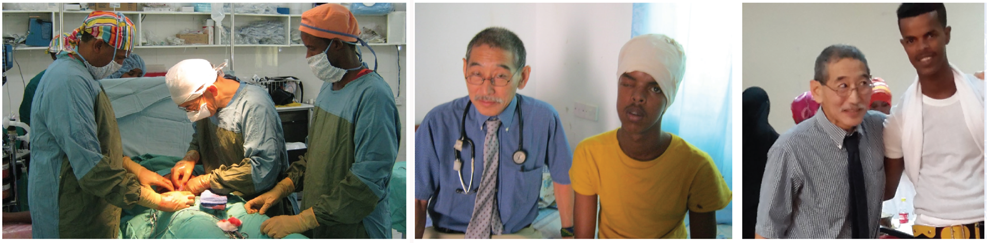 Left: A Somaliland government hospital: Dr. Ted Sugimoto (center) training a surgeon (left), now an OB-GYN. The nurse on Dr. Sugimoto’s right is now a certified registered nurse anesthetist. Center and right: Dr. Ted Sugimoto (left) and a patient who suffered a severe head injury, who he treated, from initial visit to follow-up to full recovery.
