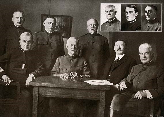 Standing left to right: Frank F. Simpson, Victor C. Vaughan, William H. Welch. Seated left to right: William C. Braisted, Surg. Gen. U.S.N., William C. Gorgas, Surg. Gen. U.S.A., Rupert Blue, Surg. Gen. U.S.P.H.S., Franklin Martin. Inset: Charles H. Mayo, Rear Admiral Cary T. Grayson, William H. Mayo. <br>(Photo credit: Harris & Ewing)