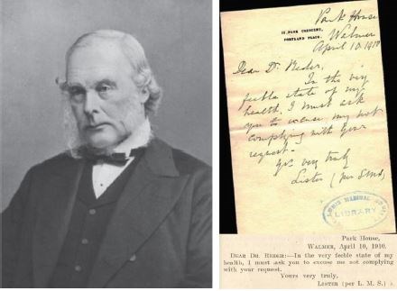 Joseph Lister and his personal reply (top, handwritten; bottom, retyped per his nephew for legibility) to Dr. Reder’s question. Photo courtesy of http://bit.ly/2qvlYSR.