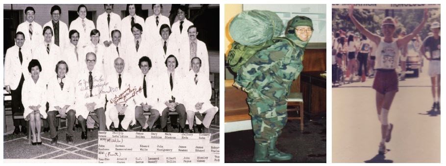 (1)	Dr. Lee, first row, far left, as a University of Michigan resident. (2) 1990: Deployment to Operation Desert Shield and Operation Desert Storm. (3) Dr. Lee completing her first marathon at age 40 