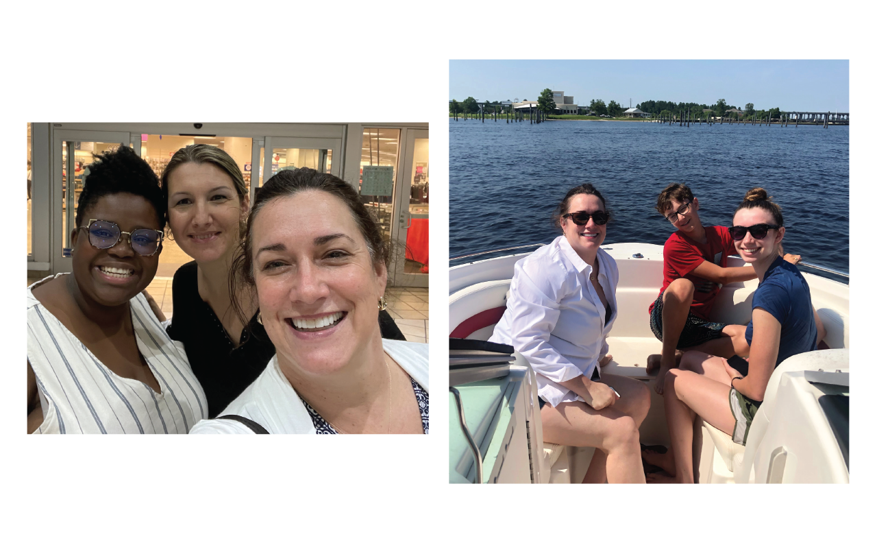 Left: Shopping at a surgical conference (from left): ACS YFA Chair Yewande Alimi, MD, Maria Alteri, MD, FACS, and Dr. Walsh. Right: Dr. Walsh on the family boat with her children.