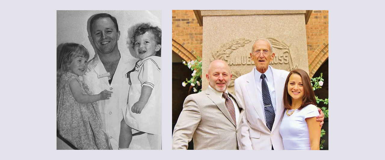 Left: Dr. Eric Lundgren as a surgical resident with his daughters (Megan Lundgren, right). Right: Three generations of general surgeons and Jefferson graduates at Dr. Megan Lundgren’s graduation from Thomas Jefferson University Medical School, from left: Drs. Eric Lundgren, Wilbert Lundgren, and Megan Lundgren