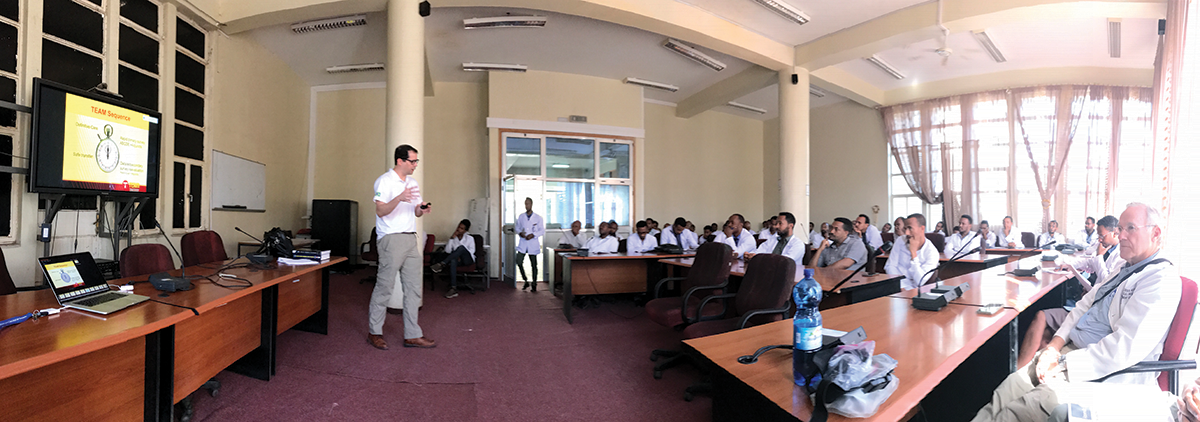 Dr. de Moya delivers a trauma team course to Hawassa College of Health Sciences department of surgery residents. Right foreground: Gilchrist Jackson, MD, FACS (Houston Methodist Hospital), participant