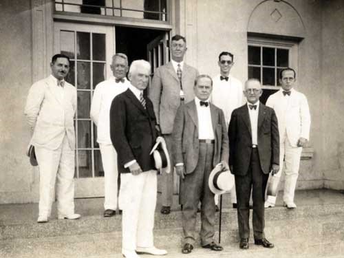 Back row: Dr Guillermo G. de Padres, director of health, Republic of Panama; Dr. Herbert C. Clark, pathologist, New York; Dr. Roland C. Connor, United Fruit Company, New York; Senor Chiari.  Front row: Dr. Franklin Martin, president, Gorgas Memorial Institute; President Rodolfo Chiari, Republic of Panama; Col. J.F. Siler, MC, US Army, Washington, DC