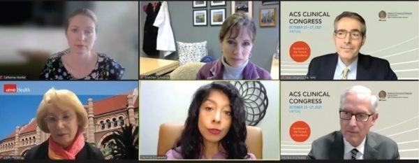Special Session on Should COVID-19 Vaccination Be Mandatory? Top row, from left: Catherine J. Hunter, MD, FACS; Gretchen Schwarze, MD, FACS; and Peter Angelos, MD, PhD, FACS Bottom row: Dr. Linda Phillips, Dr. Sharmila Dissanaike, and Fabrizio Michelassi, MD, FACS