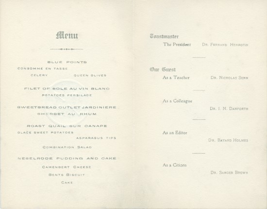 Inside view of the Nicholas Senn Club Dinner program.