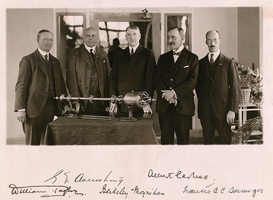 Presentation of the Great Mace to the ACS by Surgeons of Great Britain, 1920 Left to right: Sir William Taylor, KBE; George E. Armstrong, MD, FACS; Sir Berkeley Moynihan, KCMG, CB; Albert Carless, CBE; Francis A.C. Scrimger, VC