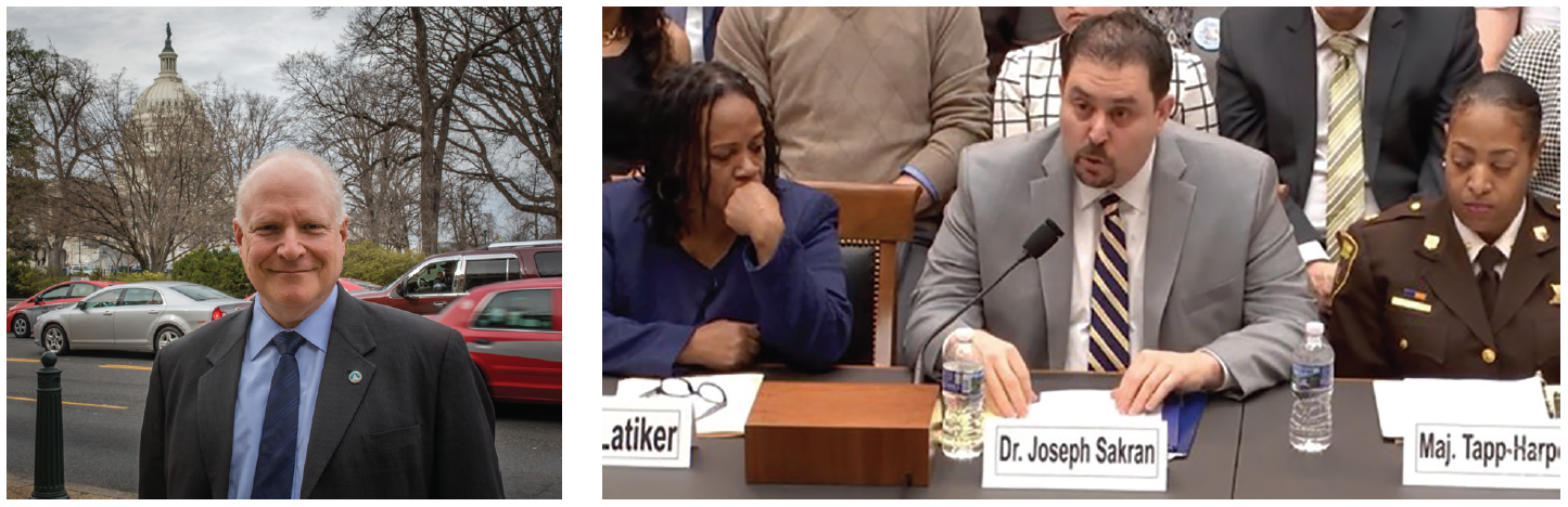 COT members in action: Left, Michael Coburn, MD, FACS, COT Advocacy Chair (2014–2020), making visits on the Hill. Right: Joseph V. Sakran, MD, MPH, MPA, FACS, FTL Alum Class of 2016, testifies about the issue of gun violence before a congressional hearing.