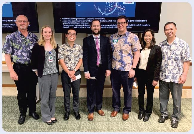 Organizers and competition winners, from left: Mark Grief, MD, FACS, Chapter President; Stacey Woodruff, MD, FACS, Chapter Women in Surgery Representative and Co-Facilitator of the Resident Research Competition; Grant Yoneoka, second-year medical student, first place, The University of Hawaii John A. Burns School of Medicine; Andrew Mueller, MD, fourth-year resident, tied for third place, University of Hawaii Surgical Residency Program; John Vossler, MD, chief resident, tied for third place, University of Hawaii Surgical Residency Program; Maya Yamane, MD, first-year resident, second place, Internal Medicine Resident, University of Hawaii; and Russell Woo, MD, FACS, Chapter Secretary-Treasurer and Co-Facilitator, Resident Research Competition.