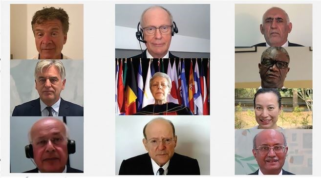 Dr. Rusch (center) with the Honorary Fellows. Left column, from top: Professors Bemelman, D’Hoore, and Di CataldoCenter column: Professor Frey, Dr. Rusch, and Professor Fábrega SosaRight column: Professors Malek Hosseini, Mukwege, Roslani, and Sabapathy