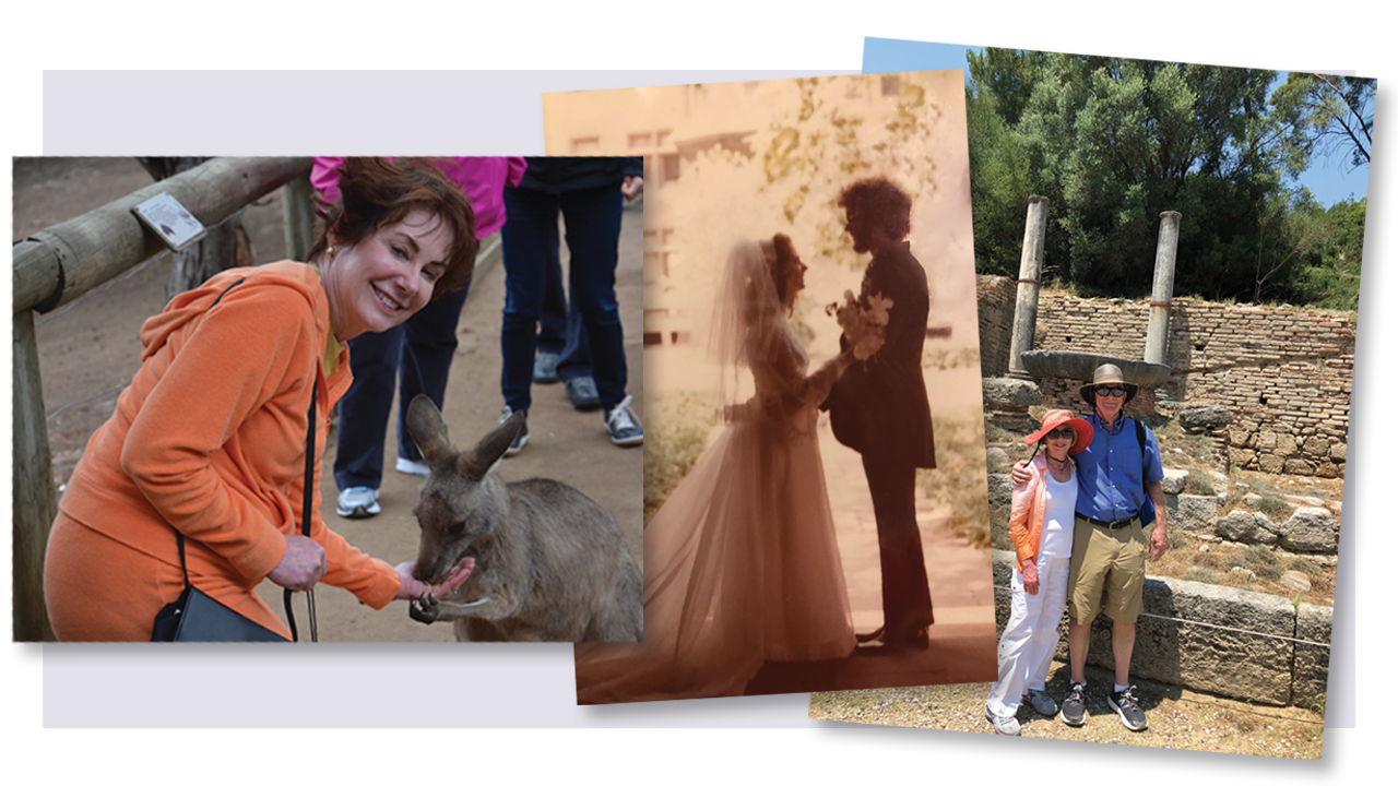 From left to right: Dr. Phillips feeding the kangaroos at wildlife preserve in Tasmania; Dr. Phillips and her husband, William A. Phillips, on their wedding day; Dr. Phillips and William A. Phillips