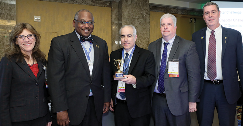Domestic Chapter Membership Challenge Award: Terry L. Buchmiller, MD, FACS, then-B/G Member Services Pillar Lead; Steven Stain, MD, FACS, then-B/G Chair; John Como, MD, FACS, President, Ohio Chapter; David Wormuth, MD, FACS, Governor, New York Chapter; and Daniel Dent, MD, FACS, then-B/G Vice-Chair.