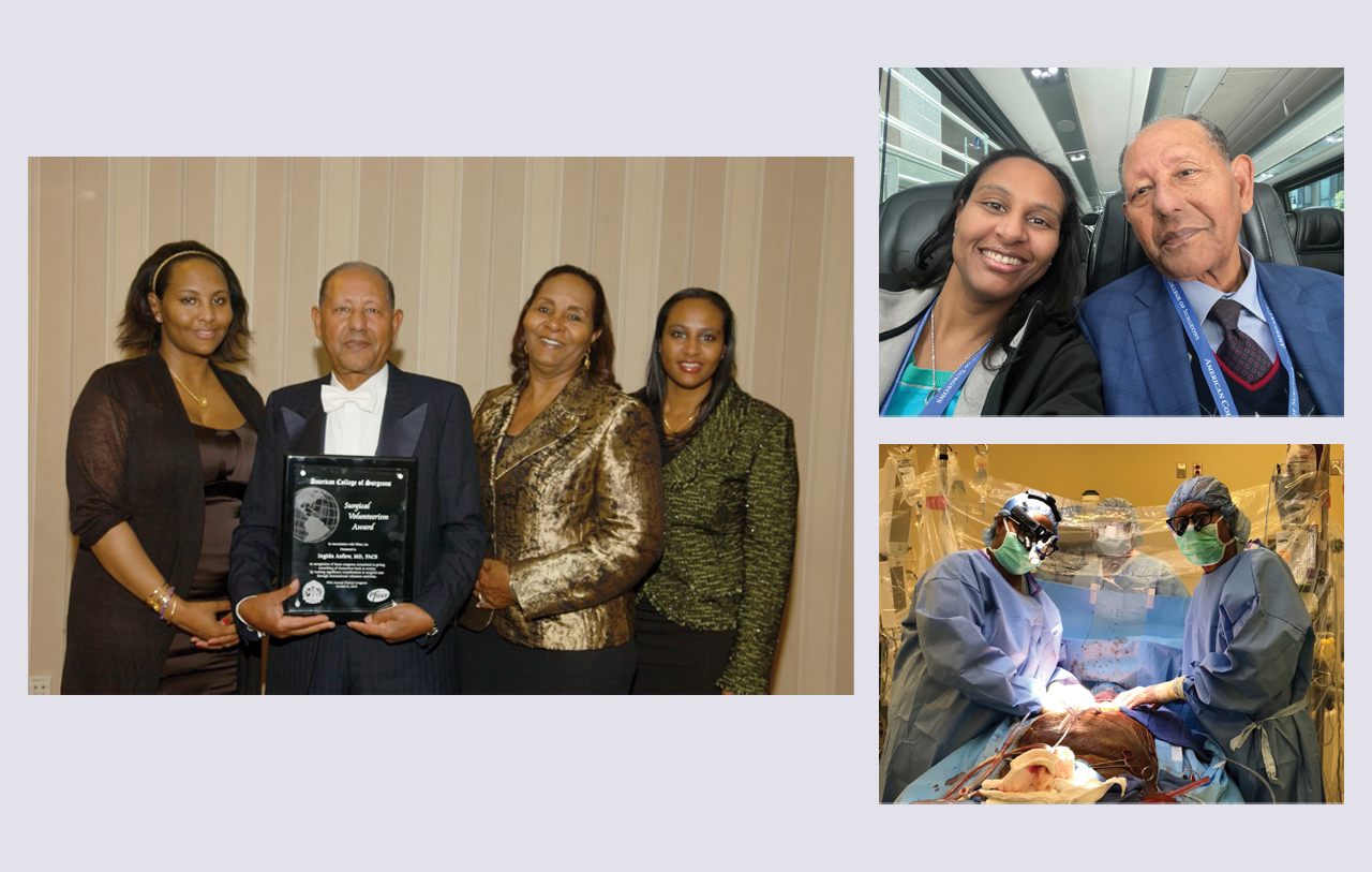 Left: Dr. Ingida Asfaw (second from left) with his 2013 ACS/Pfizer International Volunteerism Award plaque, flanked by (from left): Drs. Zewditu Asfaw, Elizabeth Asfaw, and Sofya Asfaw; right: Drs. Sofya Asfaw (left) and Ingida Asfaw on the ACS shuttle bus at the 2019 Clinical Congress in San Francisco, CA