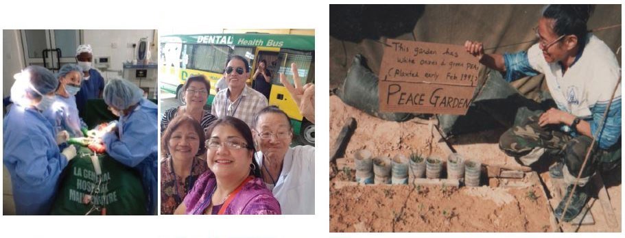 (1-3) Dr. Lee participating in missionary surgery. (4) Dr. Lee and her Peace Garden during Operation Desert Shield and Operation Desert Storm.