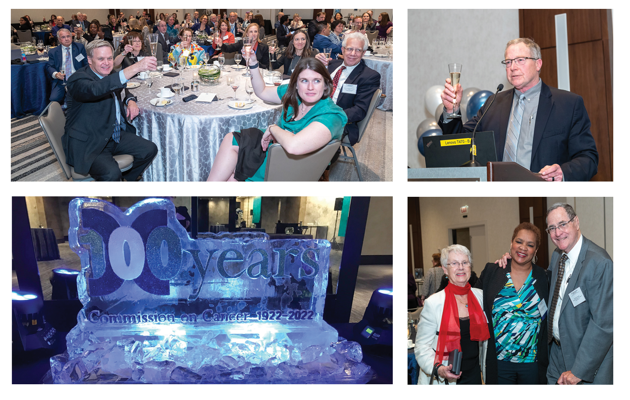 Top row, left: COC 100th anniversary guests toast the occasion, right: Dr. Timothy Mullett. Bottom row, left: Commemorative ice sculpture, right: Marilyn Winchester, ACS Cancer Programs Program Coordinator Karen Taubert-Boone, and David Winchester, MD, FACS, Past-COC Medical Director
