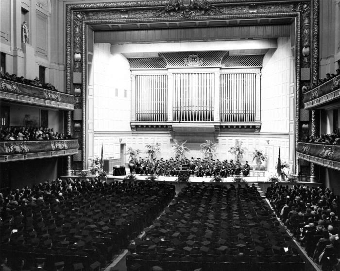 A sea of graduation caps in the grandiose Boston Symphony Hall, October 27, 1950