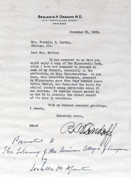 Letter from  Benjamin H. Orndoff, MD, FACS