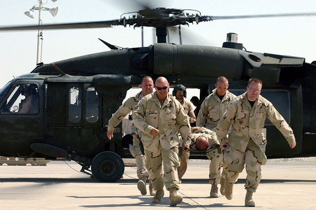 U.S. Air Force 43rd Medical Company training exercise in Iraq. <br>Photo courtesy National Archives #6682608.