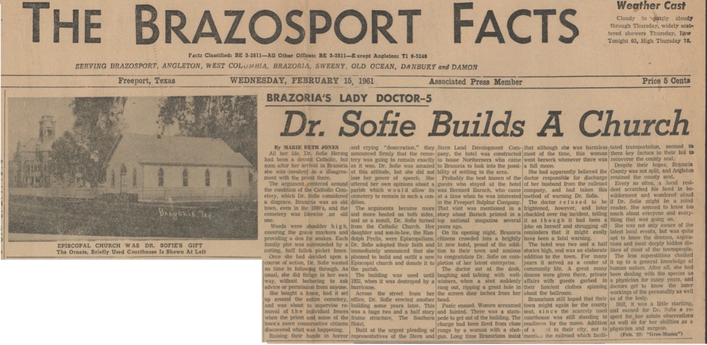 A newspaper article details how Dr. Herzog built the Brazoria Episcopal Church. (Courtesy of the Brazoria Heritage Foundation Photo Collection)