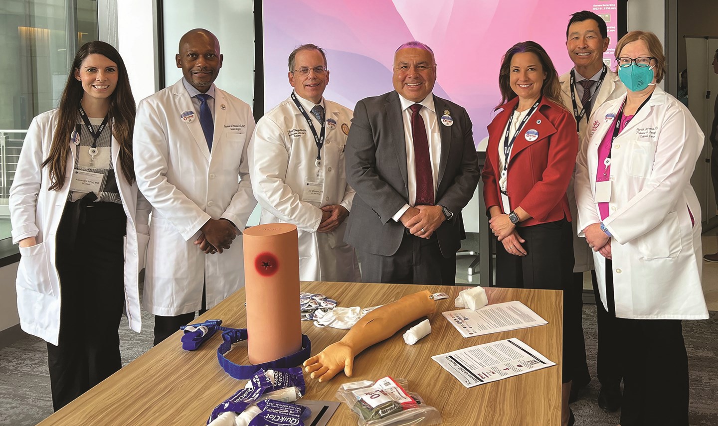 The California ACS Chapters (Northern, Southern, and San Diego-Imperial) provided STOP THE BLEED® training for California state legislators and their staff in the California Capitol Annex Office Building as part of the Chapters’ April 19 Advocacy Day, in support of California A.B. 2260  From left: Alexandra Johns, MD, Thomas K. Duncan, DO, FACS, Jay Doucet, MD, FACS, Assemblymember Freddie Rodriguez (sponsor of A.B. 2260), Dr. Amy Liepert, John Maa, MD, FACS, and Sigrid Burruss, MD, FACS