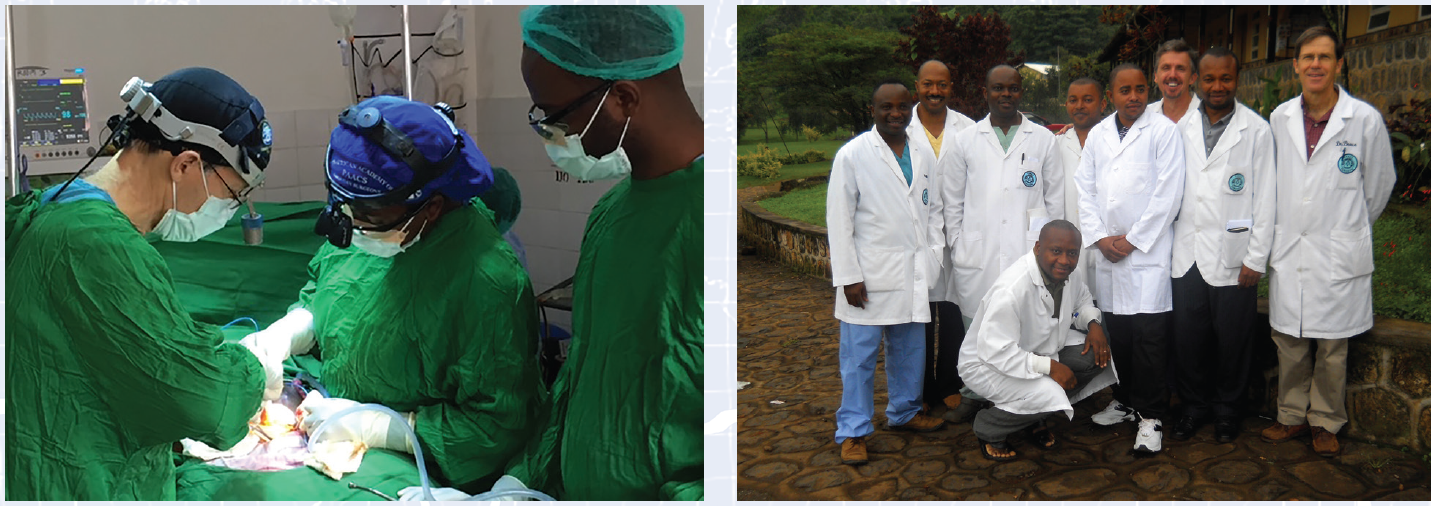 Left: Mbingo Baptist Hospital: Dr. James Allen Brown (left) assists the chief resident—the hospital’s first woman resident—in the OR. She now serves as faculty general surgeon and assistant program director in the Mbingo surgical training program. Right: Mbingo Baptist Hospital: Dr. James Allen Brown (far left) with residents from Cameroon, Nigeria, and the Democratic Republic of Congo. These residents now serve as fully trained general surgeons throughout Africa.
