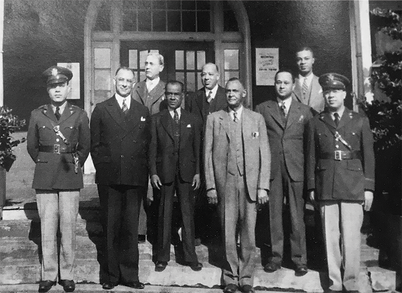 Key members of Burrell Memorial Hospital in 1940. From left: John B. Claytor Jr. (co-founder, general practitioner), Lylburn C. Downing (co-founder, surgeon), John B. Claytor Sr. (co-founder, general practitioner), W.R. Brown (unknown), W.P. Yancy (unknown), James H. Roberts (co-founder, general practitioner), George Moore, Maynard Law (surgeon), Frank W. Claytor (medicine). (Source: Shareef R. The Roanoke Valley’s African American Heritage: A Pictorial History. Marceline, MS: Walsworth Publishing Company; 1996. Used with permission.)