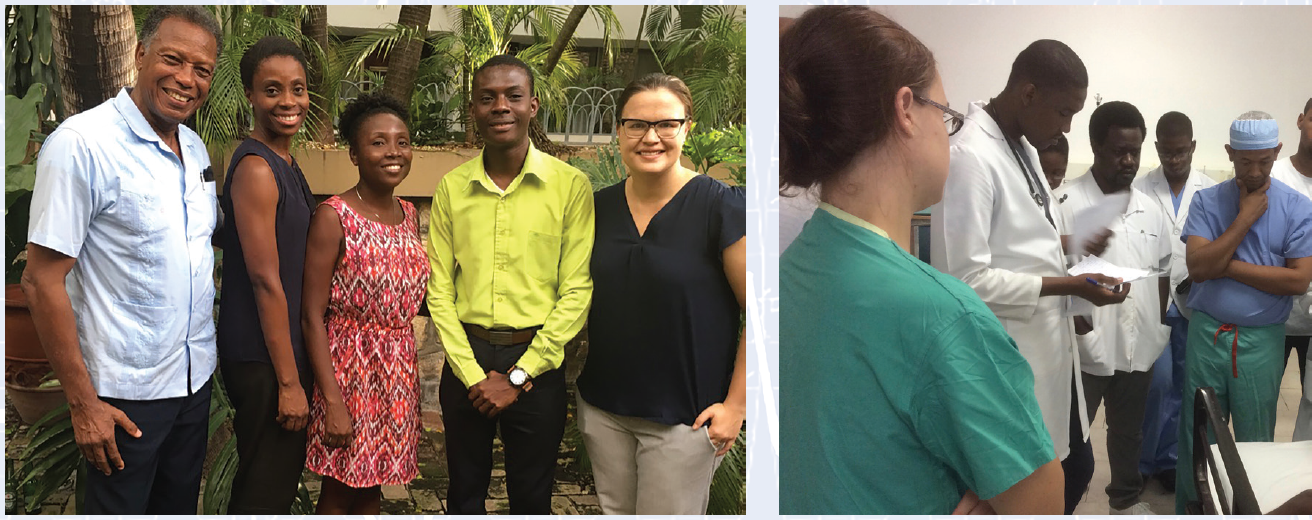 Left: Port-Au-Price: Dr. Alexis Bowder (far right) in her capacity as Program in Global Surgery and Social Change Research Fellow, meets with Haitian surgeons to discuss moving forward clinical research in the country . Right: Hôpital Universitaire de Mirebalais: Dr. Alexis Bowder (far left), then a surgical sub-intern, in daily morning rounds 