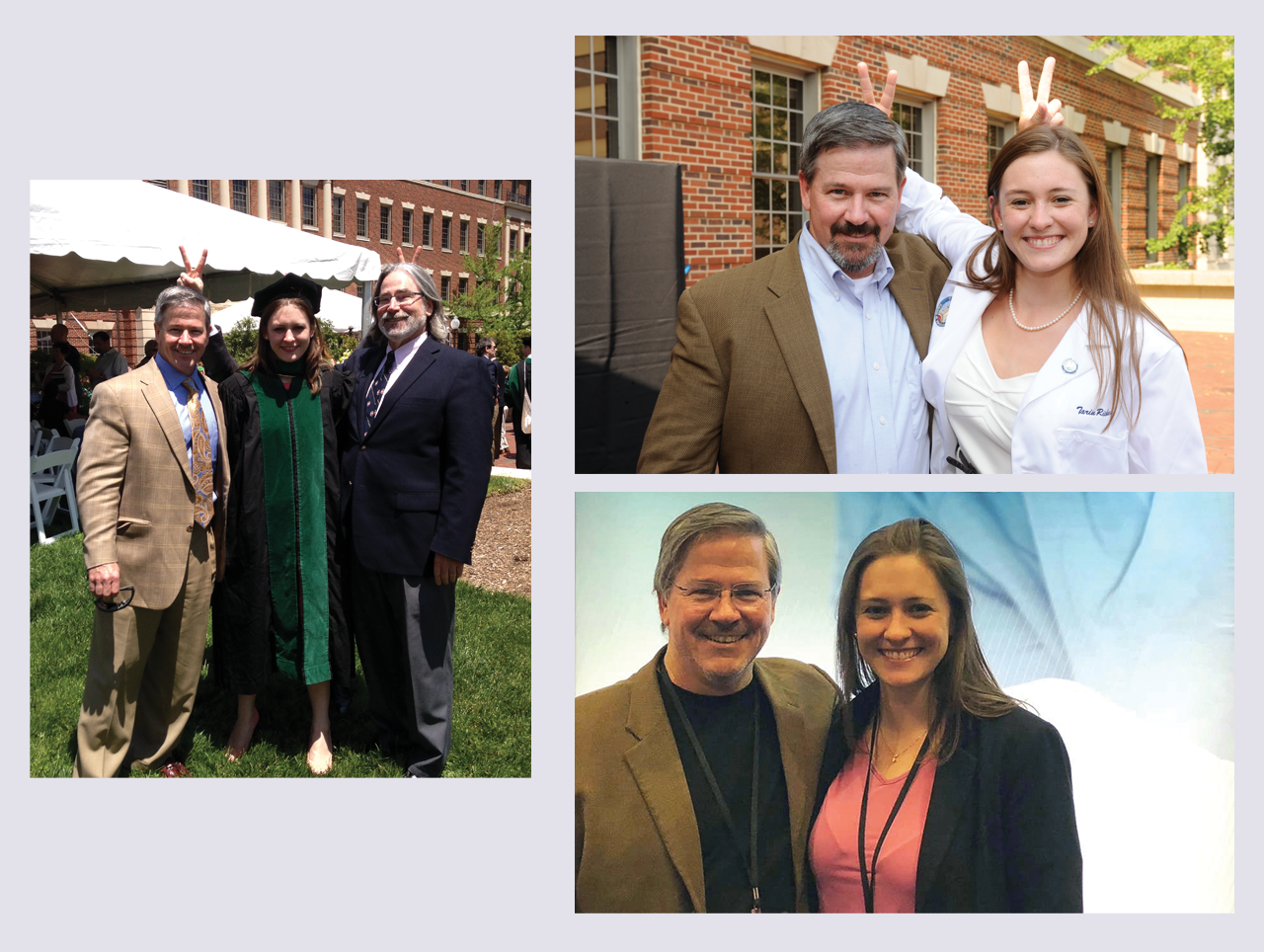 Left: Dr. Worrest’s graduation from Georgetown University Medical School, with her father (left) and uncle, cardiothoracic surgeon Kenneth Richards, MD, FACS (right). Top right: Dr. Timothy Richards (left) and Dr. Tarin Worrest at Dr. Worrest’s white coat ceremony, Georgetown University School of Medicine, Washington, DC. Center: Bottom right: Drs. Richards and Worrest at a meeting of the Society of American Gastrointestinal and Endoscopic Surgeons.