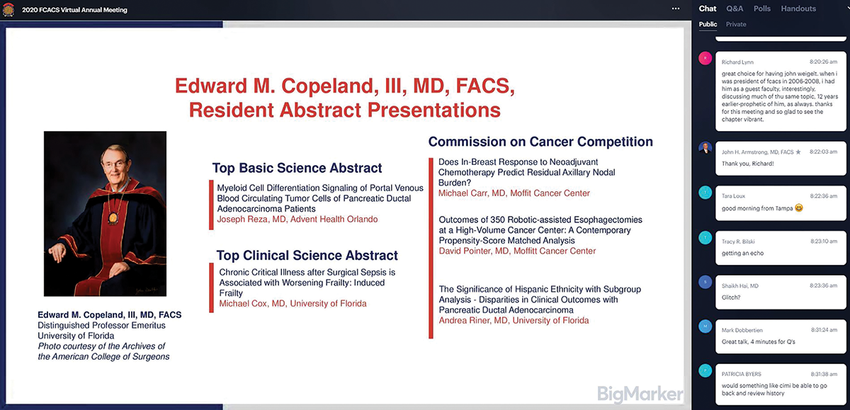 Screenshot of overview of the Edward M. Copeland, III, MD, FACS, Resident Abstract Competition. Note the side panel for free-text of questions and comments by participants. 