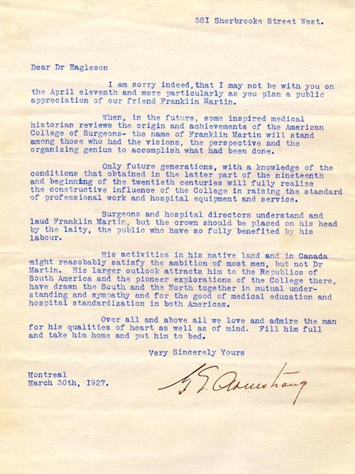 Letter from George Armstrong to James B Eagleson