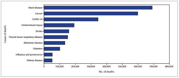 FIGURE 1. Provisional* number of leading underlying causes of death, National Vital Statistics System, U.S., 2020