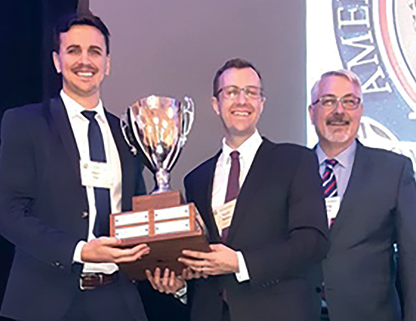 From left: Loma Linda University Surgical Jeopardy winners Agustin Sibona, MD, and David Nelson, MD, with Chapter President and Surgical Jeopardy judge J. Craig Collins, MD, MBA, FACS, Kaiser Permanente Los Angeles