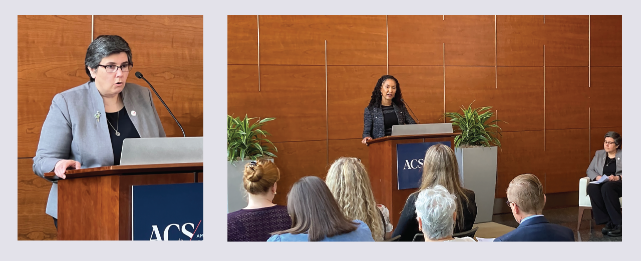 Left: Dr. Eileen Bulger. Right: Dr. Patricia Turner addresses the crowd with Dr. Bulger looking on.