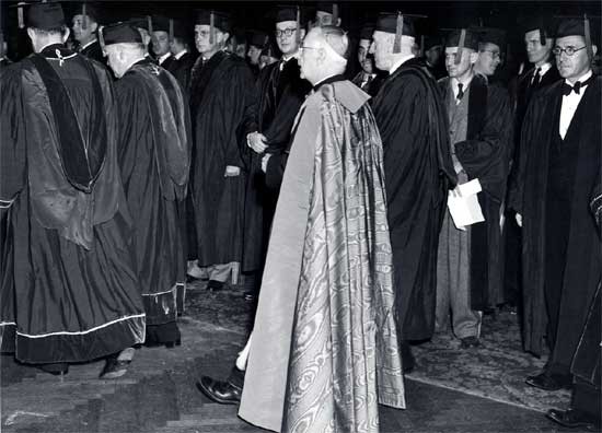 His Eminence Samuel Cardinal Stritch, Archdiocese of Chicago, who gave the invocation at the convocation, in procession with dignitaries, 1949 Clinical Congress in Chicago (Photo credti: Oscar and Associates, Inc.)