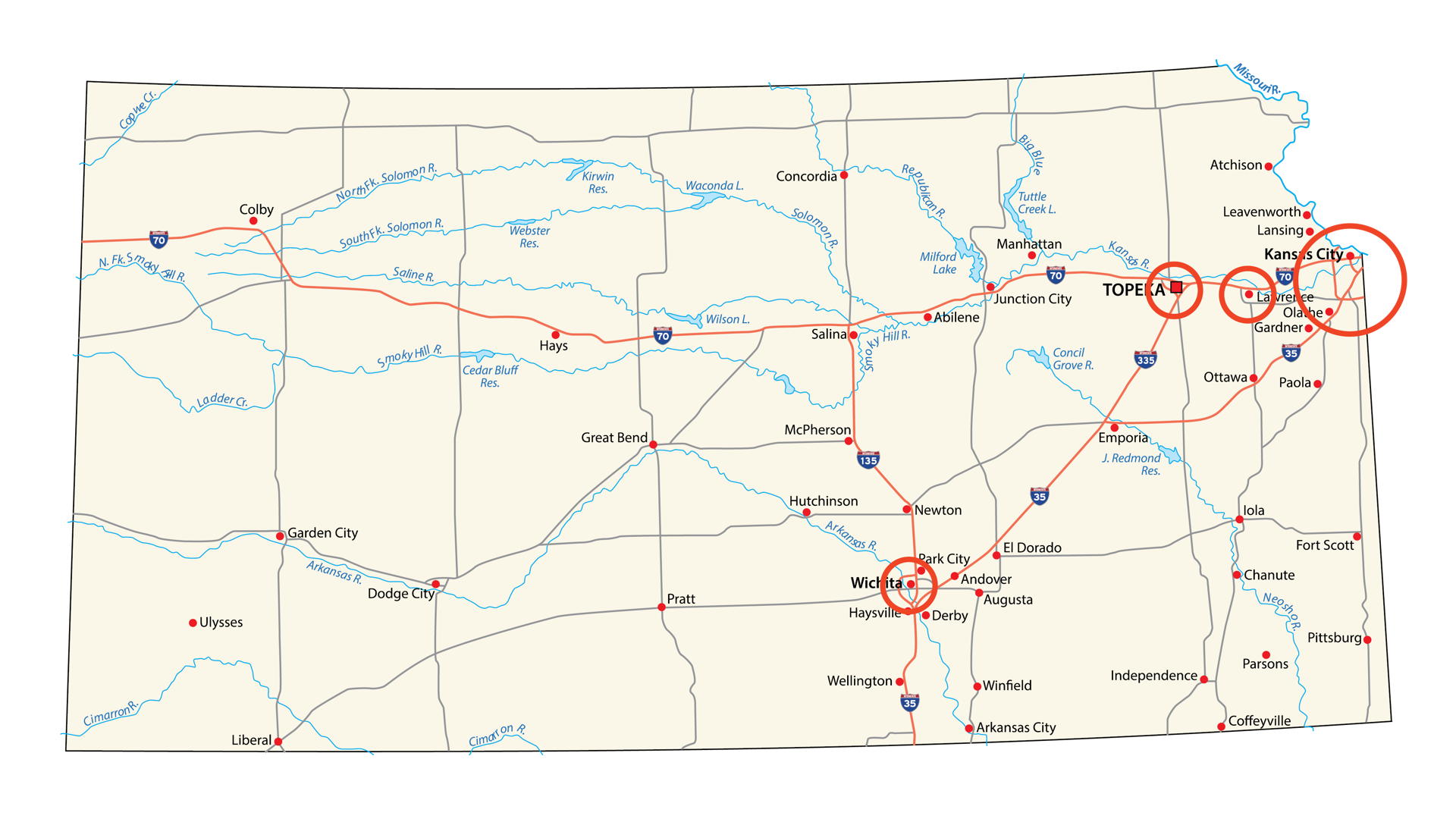 Figure 1. In Kansas, CoC programs are located in the cities of Wichita, Lawrence, the state capital Topeka, Kansas City, and two cities in the greater metropolitan Kansas City area— Olathe and Shawnee Mission.