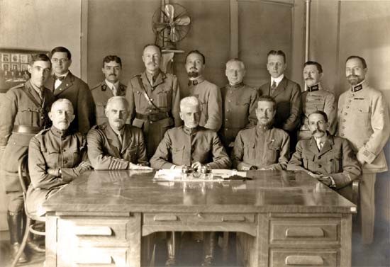 "Visiting Doctors from Abroad, October 21, 1918" Seated, left to right: Dr. George E. Brewer, Sir Thomas Myles, Dr. Franklin H. Martin, Dr. Raffaele Bastianelli, Dr. Pierre Duval. Standing, left to right: Mr. Geroge Grey Turner, Dr. Joseph A. Pettit, Dr. Loewy, Mr. George E. Gask, Dr. Henri Beclere, Dr. Frank F. Simpson, Mr. John G. Bowman, Dr. Charles U. Dercle, Dr. Adrian Piollet <br>(Photo credit: Harris & Ewing, Photographers)