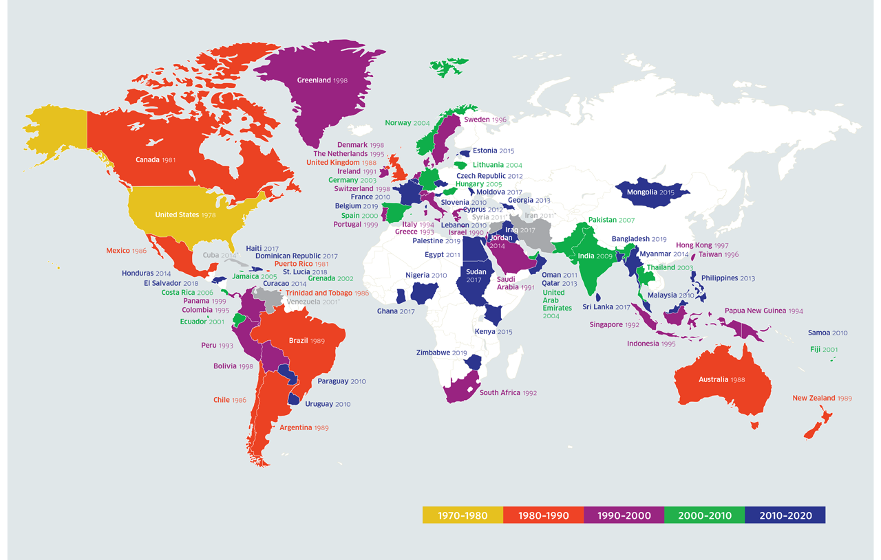 Figure 1. ATLS international promulgation. Note: The gray areas reflect regions where we promulgated ATLS at one time in the past but where, due to State Department guidance, at present we are not allowed to conduct business.