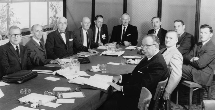 Clinical Congress 1965: Executive Committee Meeting of the Commission on Cancer with ACS staff. Left to right: Joseph A. Weinberg (ACS staff), Carl Bachman (Surveyor), Harold Hennessy (Surveyor), Herbert Schoenfeld (Surveyor), Willard Weber (ACS staff), R. Lee Clark (Past-Chair, CoC), Robert C. Hickey, Owen G. McDonald (ACS staff), W. Bradford Patterson, Ashbel C. Williams, and Murray M. Copeland (Chair, CoC).