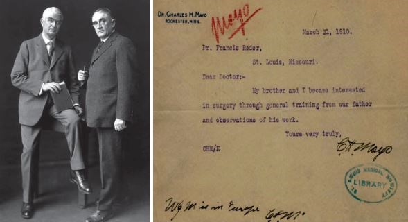 Williams James Mayo (left) and Charles Horace Mayo (right), and their personal reply to Dr. Reder’s question. Photo courtesy of https://mayocl.in/207rIex