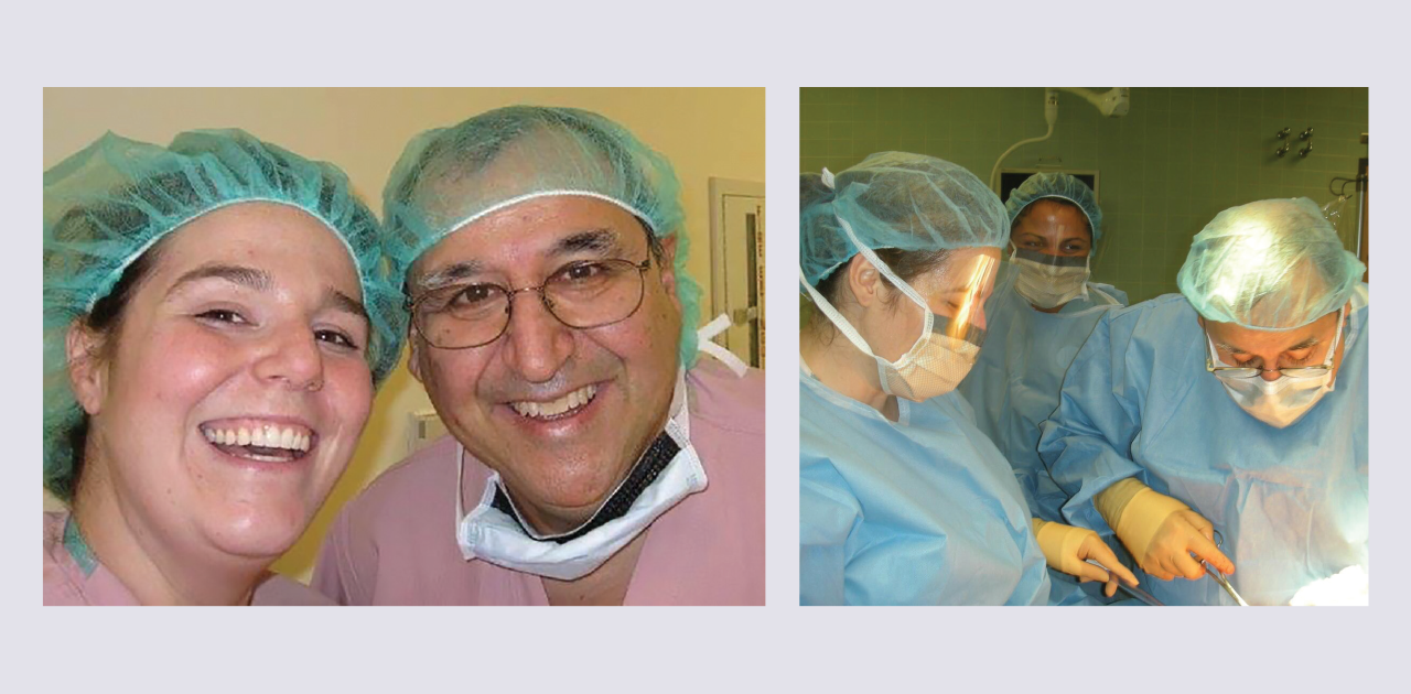 Left: Drs. Ariane Abcarian and Herand Abcarian at Cook County Hospital when she was a resident at UIC. Right: Drs. Ariane Abcarian and Herand Abcarian performing surgery at John H. Stroger Jr. Hospital of Cook County; Margot Abcarian, RN (center), is the scrub nurse.