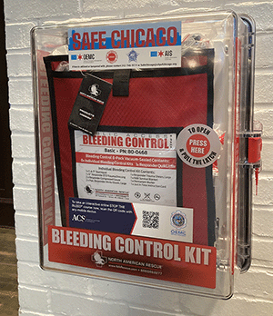 STOP THE BLEED® kit posted at Navy Pier, Chicago, Illinois.  