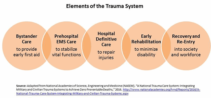 The trauma system’s five components include bystander care, <br>prehospital EMS care, definitive care in the hospital, rehabilitation and recovery.
