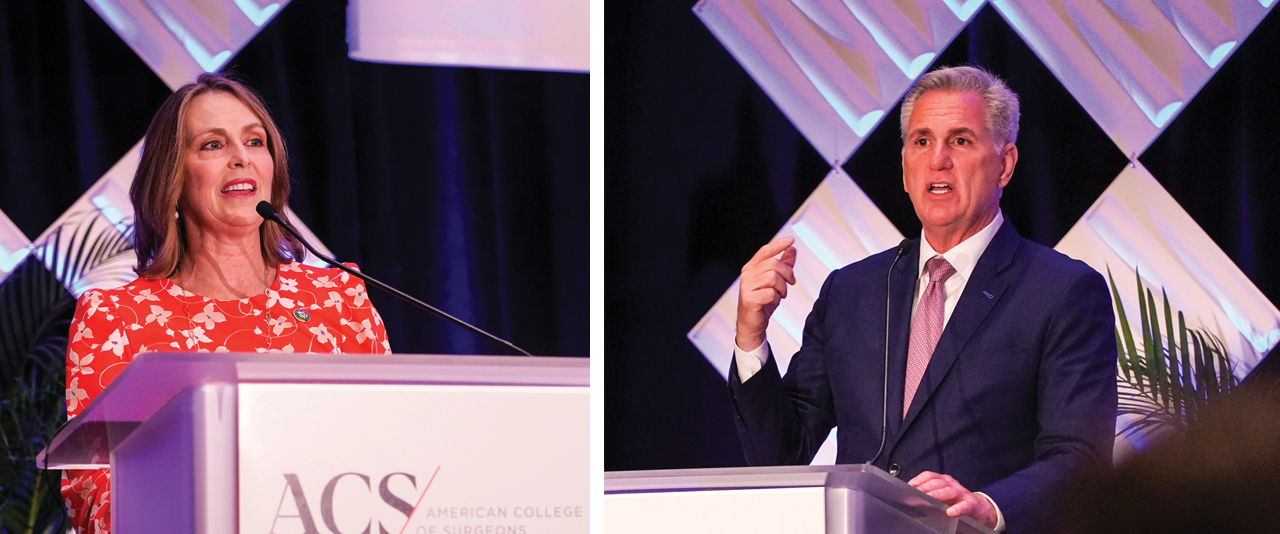 Left: Rep. Kathy Castor shares her thoughts on important healthcare issues that impact surgeons and their patients.  Right: In advance of Hill Day, Speaker of the House Kevin McCarthy stops by the Advocacy Summit, touching on topics such as the MISSION ZERO Act, telehealth, surgeon workforce, and rural healthcare access.