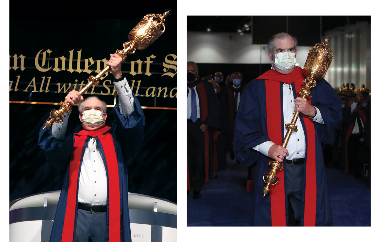 Left: The excitement from Dr. Hughes is unmistakable as then-ACS President Julie Frieschlag, MD, FACS, expresses, “It’s wonderful to be back in person!” Right: Dr. Hughes carries the Great Mace, fronting the procession of ACS leaders in the 2022 Convocation ceremony